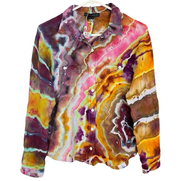Handmade Tops - Handmade Geode Tie Dye Button Down Shirt Womens Small Colorful Cotton Crepe Pink